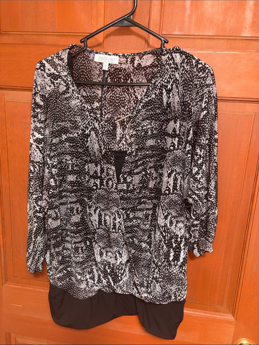 CeCe Black & White Patterned Keyhole Blouse with Black Hem